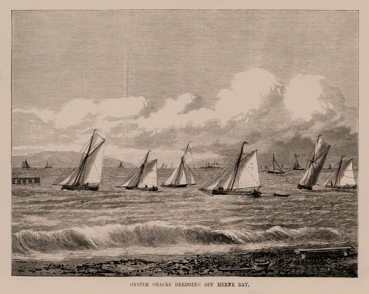 Austernfischer beim Ausbaggern vor Herne Bay (Gravur) von English School