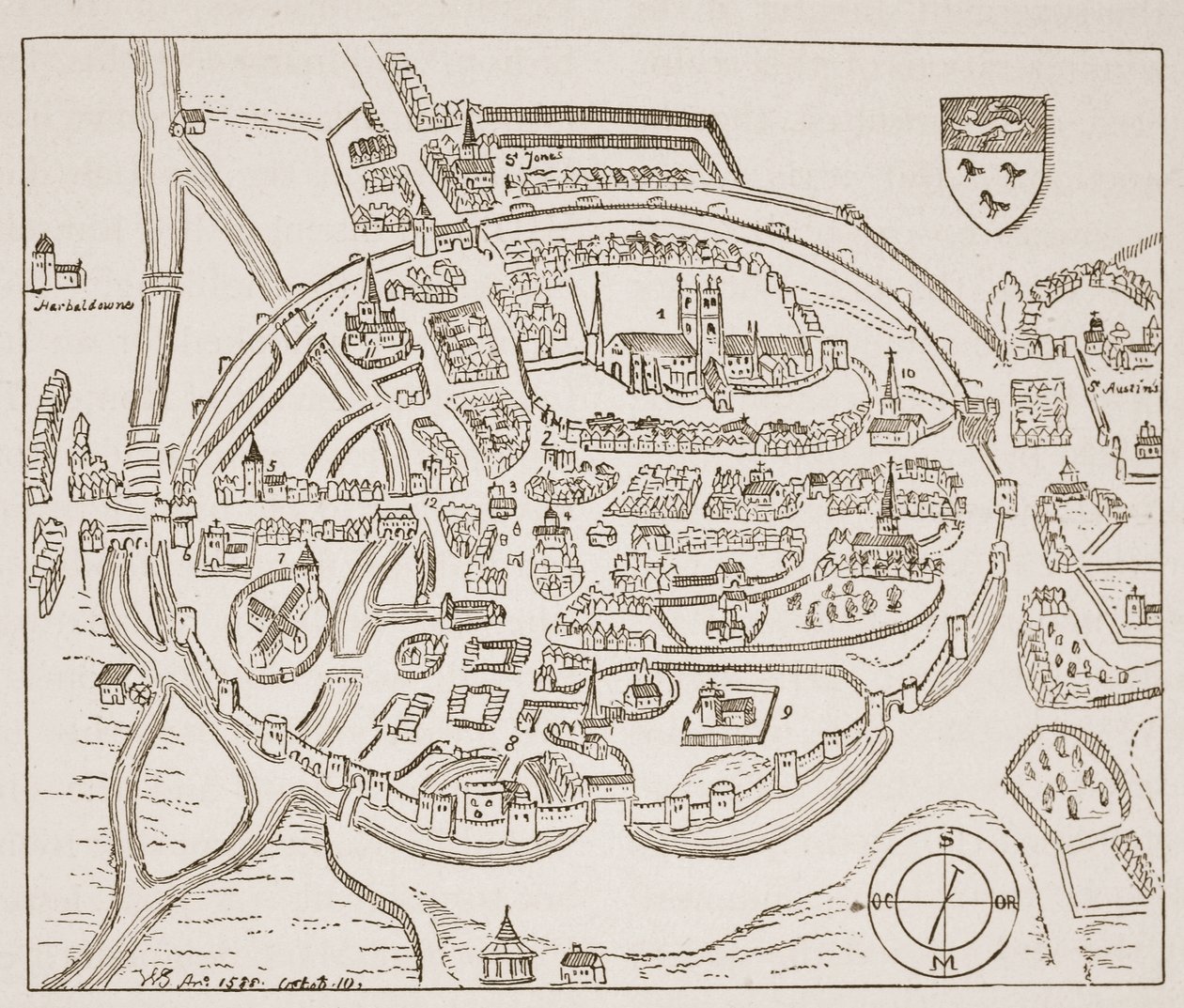 Panoramablick auf Canterbury im sechzehnten Jahrhundert, Illustration aus Die Kirche von England: Eine Geschichte für das Volk von H.D.M. Spence-Jones, veröffentlicht um 1910 von English School