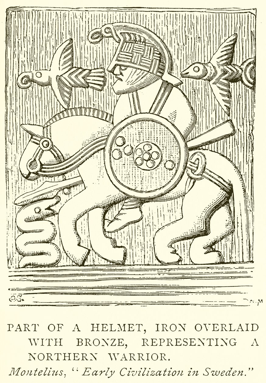 Teil eines Helms, Eisen mit Bronze überzogen, Darstellung eines nordischen Kriegers (Gravur) von English School