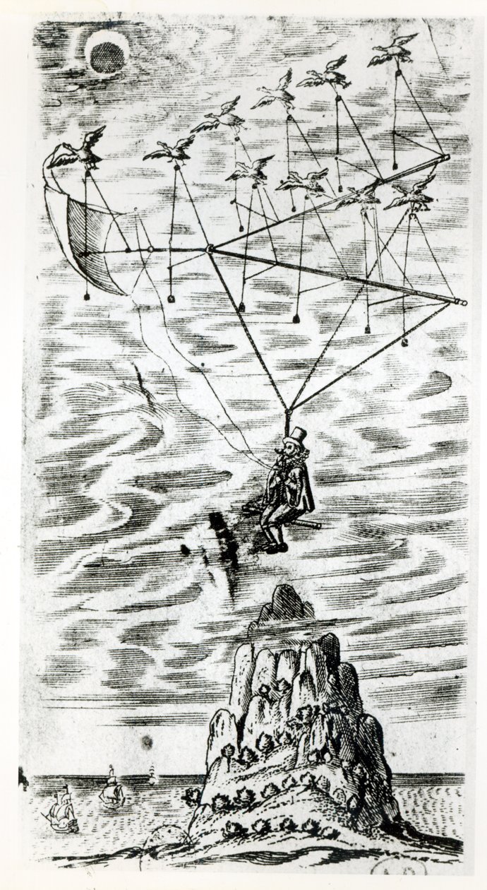 Flugzeug, Illustration aus dem Frontispiz von Der Mann im Mond oder eine Abhandlung über eine Reise dorthin von Domingo Gonsales, der schnelle Bote von Francis Godwin (1562-1633), posthum veröffentlicht von English School