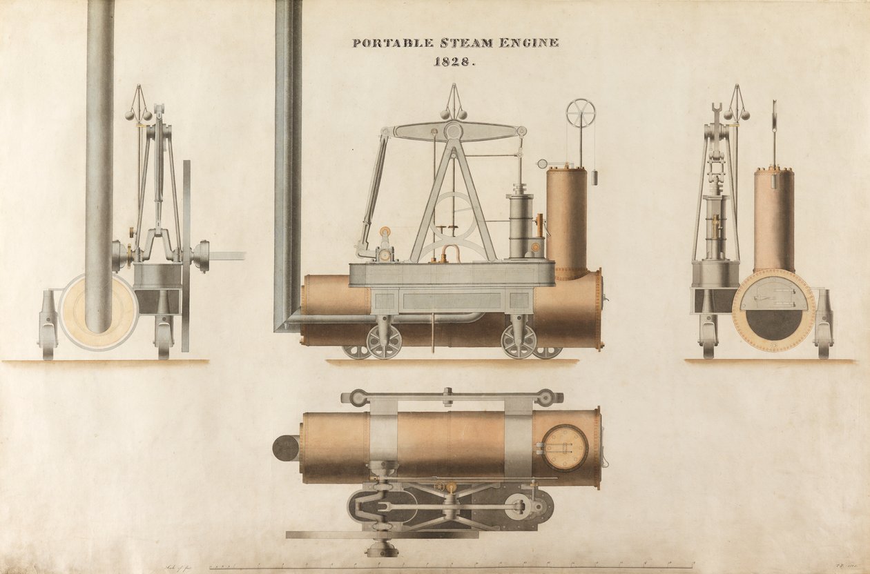 Tragbare Dampfmaschine, entworfen von Maudsley, Sons & Field, 1828 (Feder & Tinte und Aquarell auf Papier) von English School