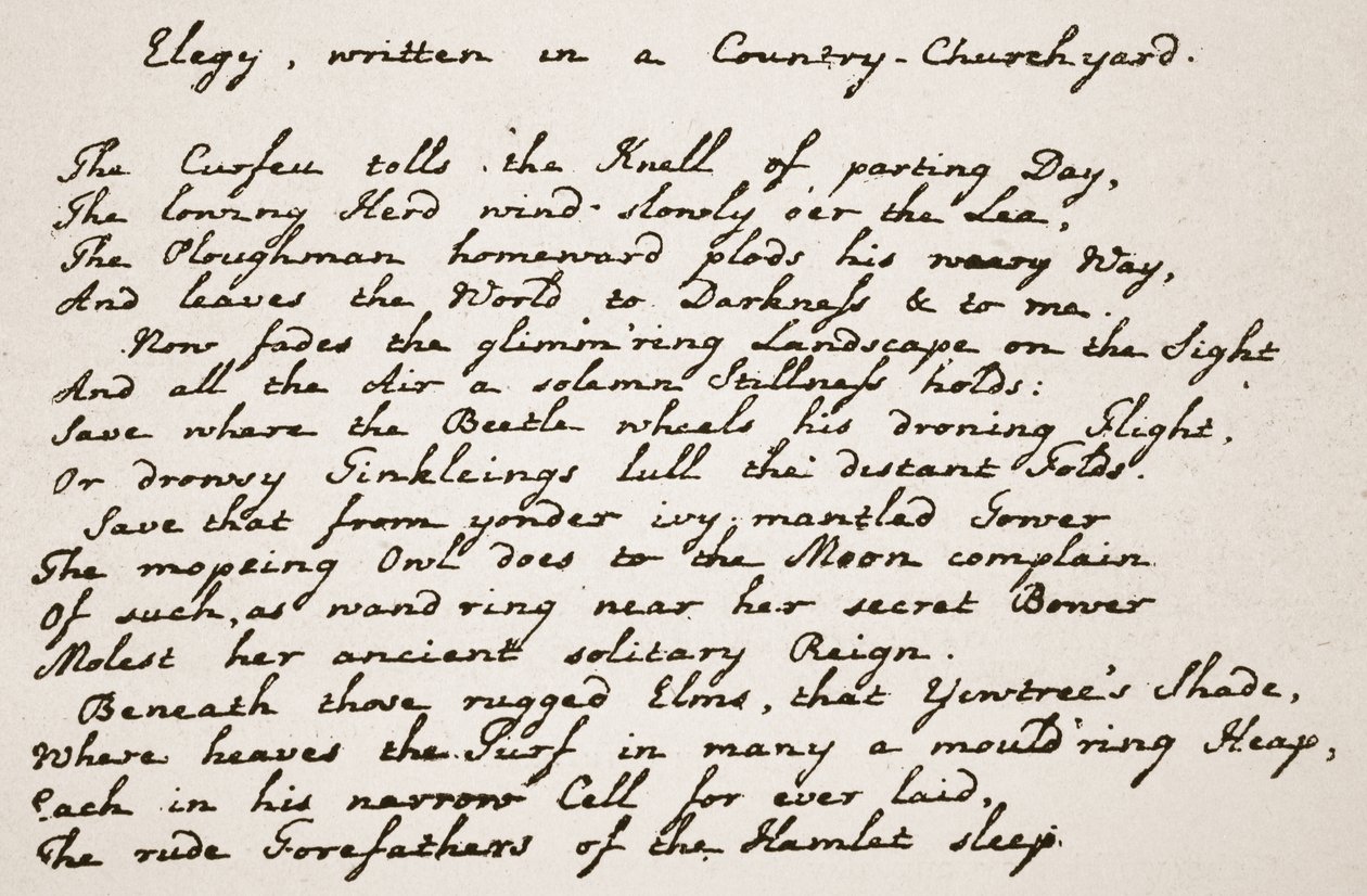 Teil von Grays Elegie, in der Handschrift des Dichters, Illustration aus Die Kirche von England: Eine Geschichte für das Volk von H.D.M. Spence-Jones, veröffentlicht um 1910 von English School