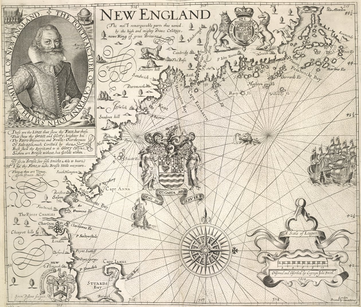 Porträt von Captain John Smith. Ein Bild der Küste von Neuengland, in 