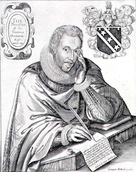 Porträt von Sir Thomas Overbury (1581-1613), der sein Epitaph schreibt, graviert von Renold Elstrack 1613 von English School
