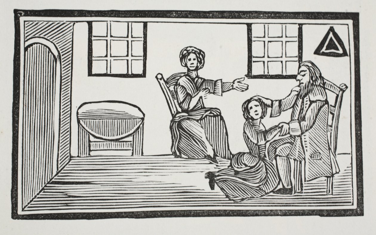 Die hübsche Bessie erhält den Segen ihres Vaters, als sie sich ihren Lebensunterhalt sucht, Illustration aus Chap-books des achtzehnten Jahrhunderts von John Ashton, veröffentlicht 1882 von English School