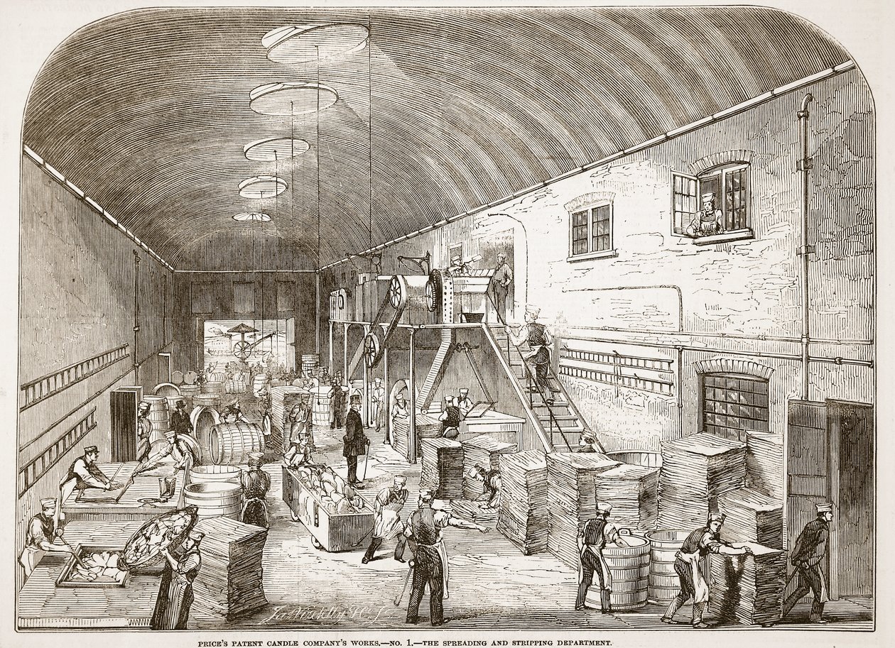 Die Werke der Prices Patent Candle Company, Nr.1: Die Abteilung für Verbreitung und Abstreifen, aus The Illustrated London News, 1849 von English School