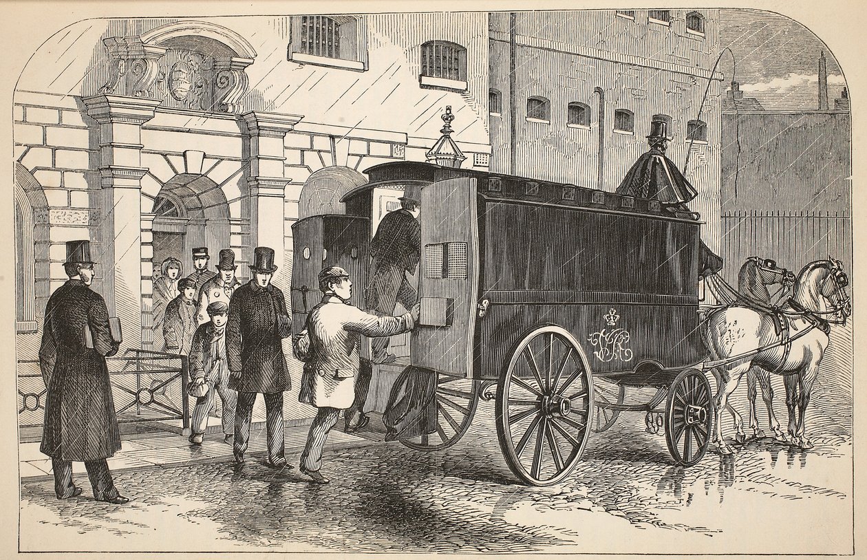 Gefängniswagen, der Gefangene im House of Detention abholt, Illustration aus The Criminal Prisons of London and Scenes from Prison Life von Henry Mayhew und John Binny, veröffentlicht 1862 von English School