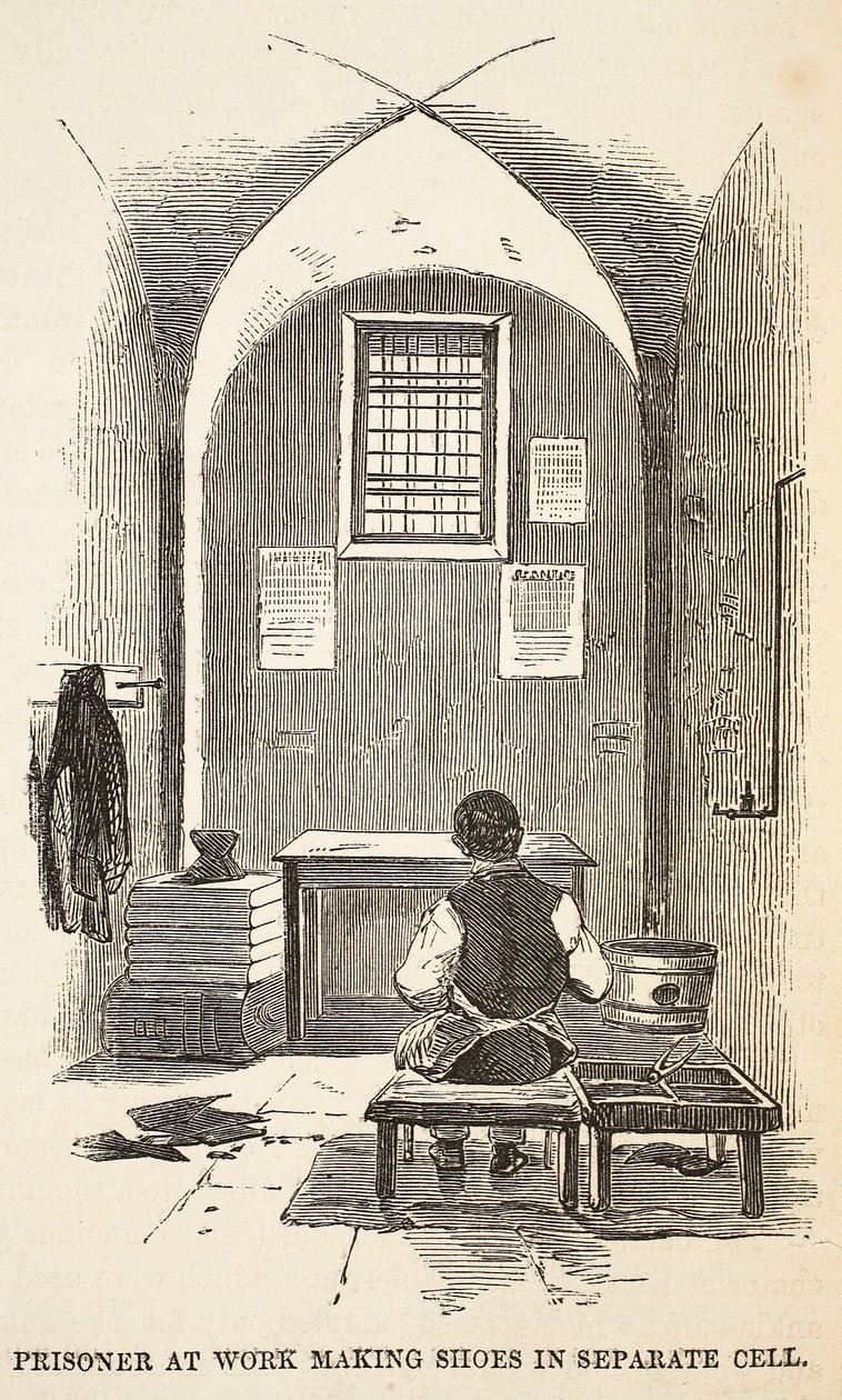 Gefangener bei der Schuhherstellung in einer Einzelzelle, Illustration aus The Criminal Prisons of London and Scenes from Prison Life von Henry Mayhew und John Binny, veröffentlicht 1862 von English School
