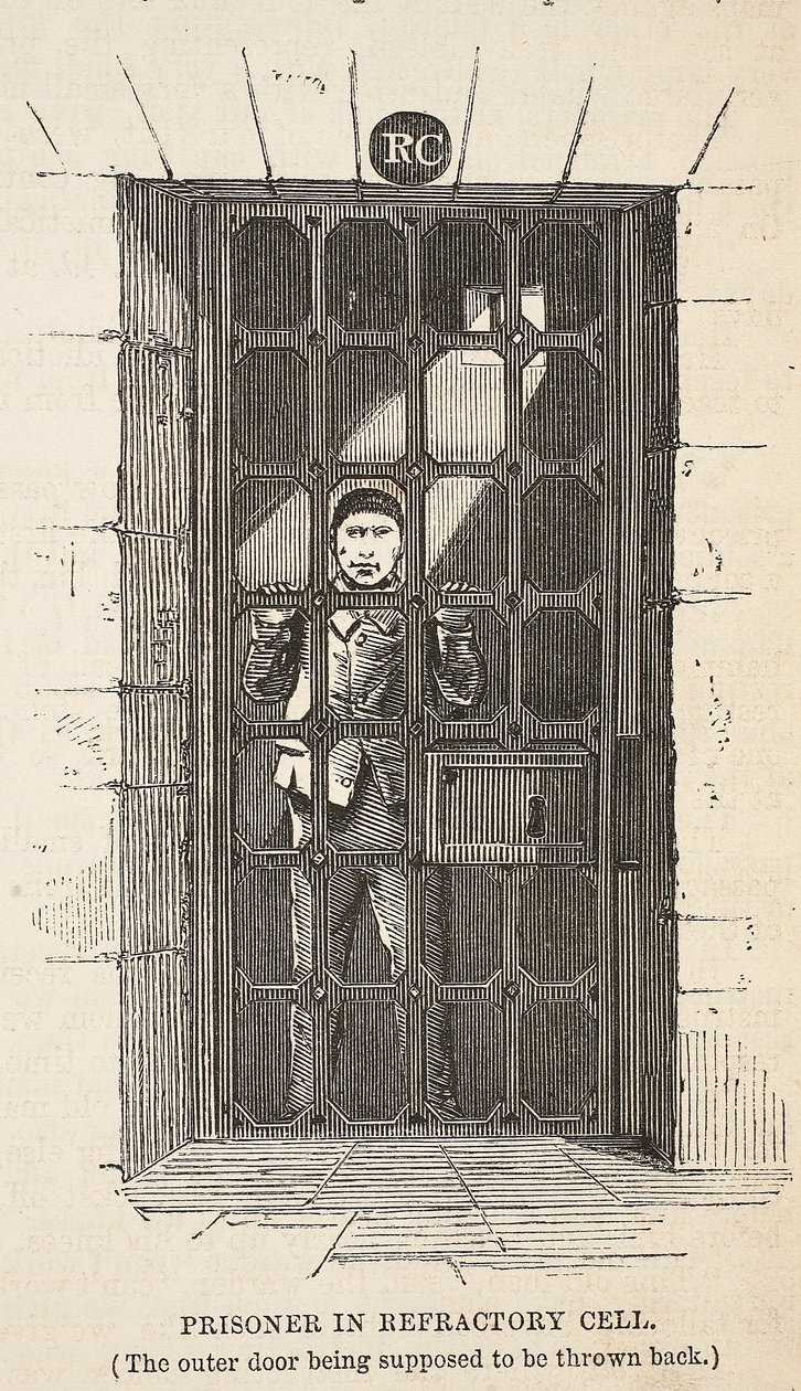 Gefangener in der Refraktärzelle (die äußere Tür soll zurückgeworfen sein), Illustration aus The Criminal Prisons of London and Scenes from Prison Life von Henry Mayhew und John Binny, veröffentlicht 1862 von English School