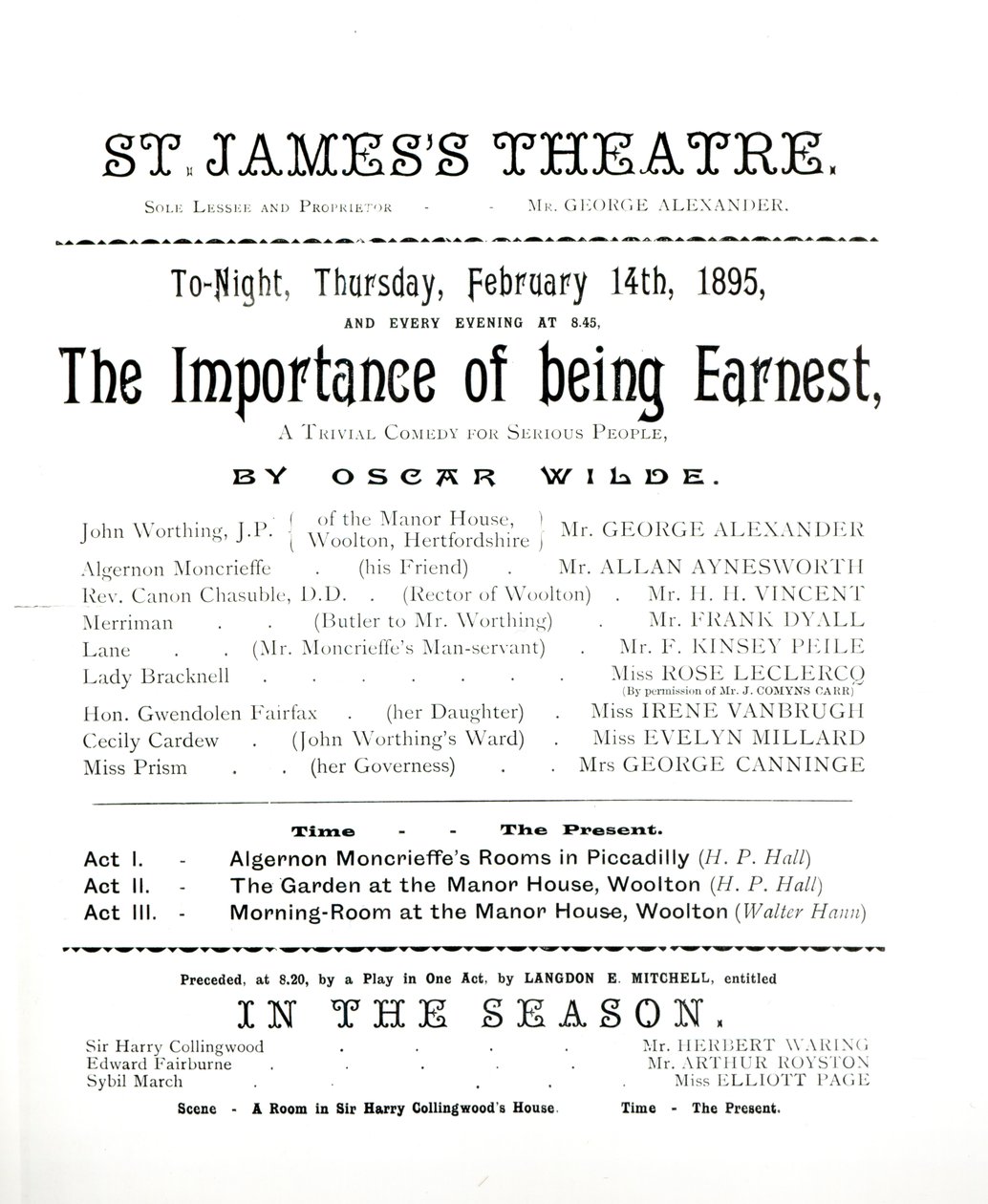 Programm für eine Aufführung von The Importance of Being Earnest, von Oscar Wilde, im St. James Theatre, 14. Februar 1895 von English School