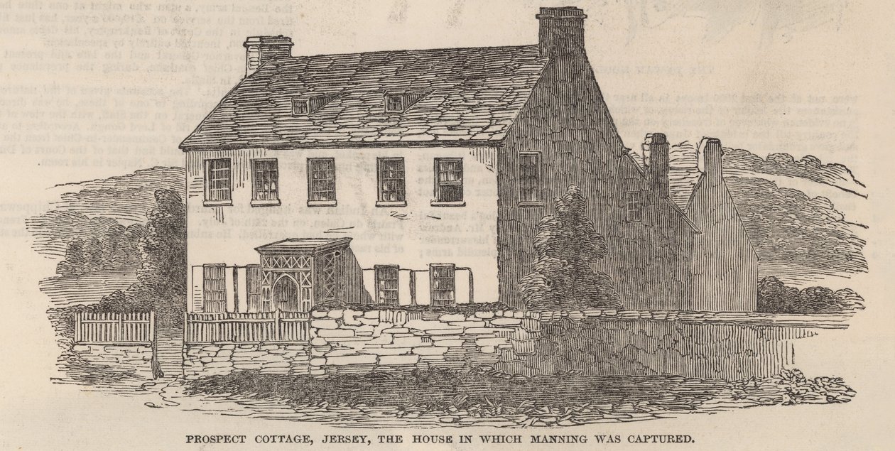 Prospect Cottage, Jersey: das Haus, in dem Frederick George Manning gefangen genommen wurde (Gravur) von English School