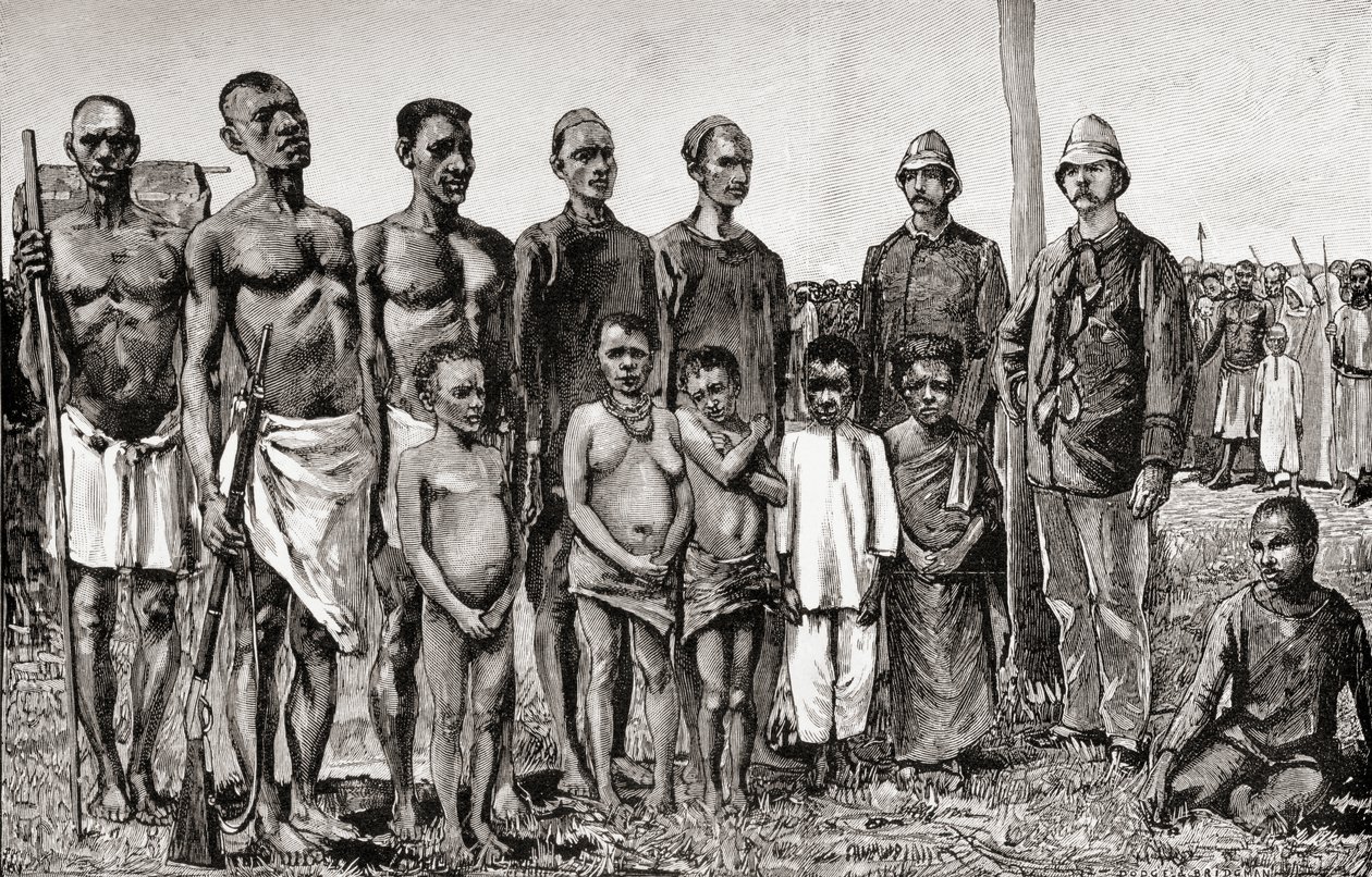 Pygmäen im Vergleich zu englischen Offizieren, Sudanesen und Sansibarern, 1890 von English School