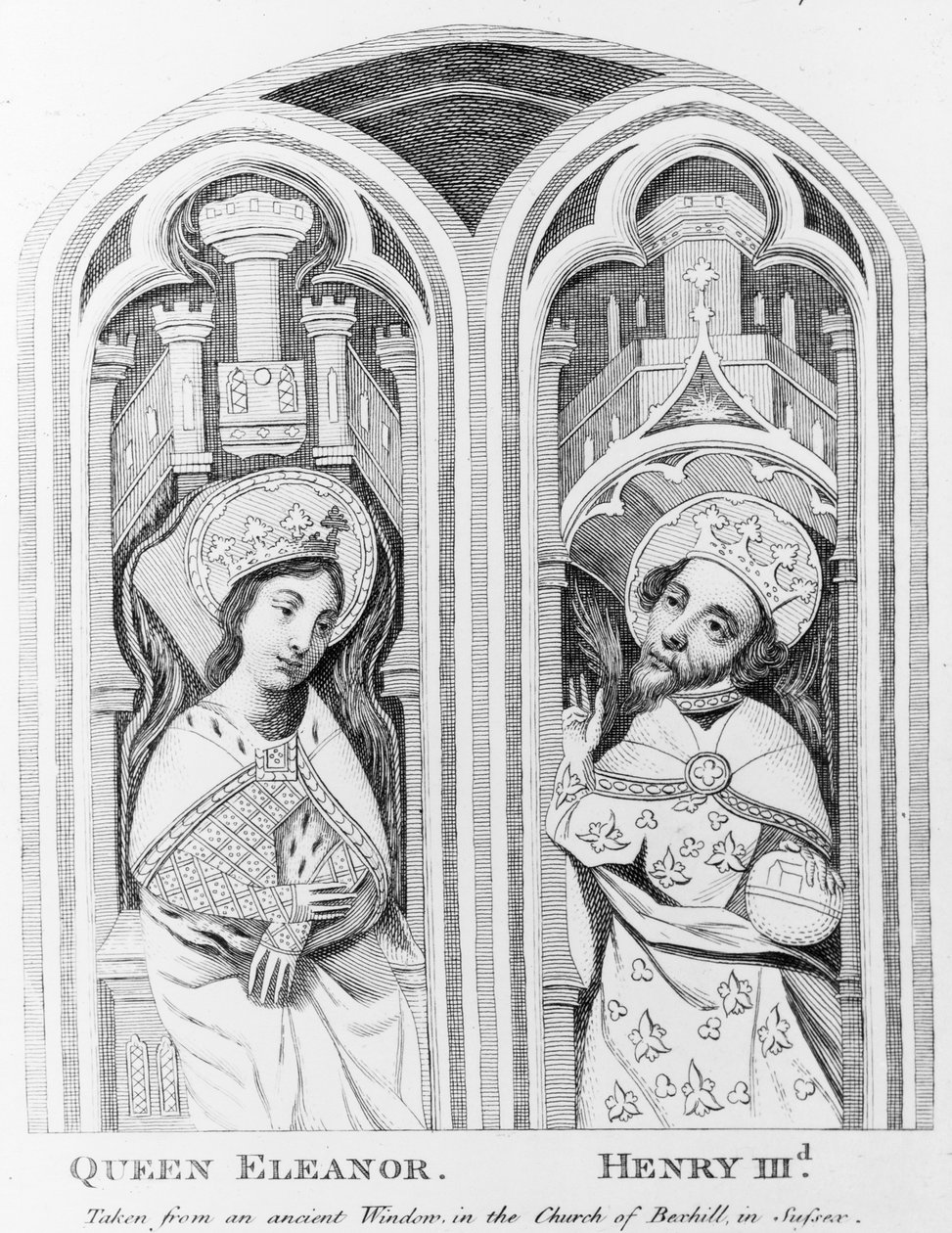 Königin Eleonore und Heinrich III., aus einem alten Fenster in der Kirche von Boxhill, Sussex von English School