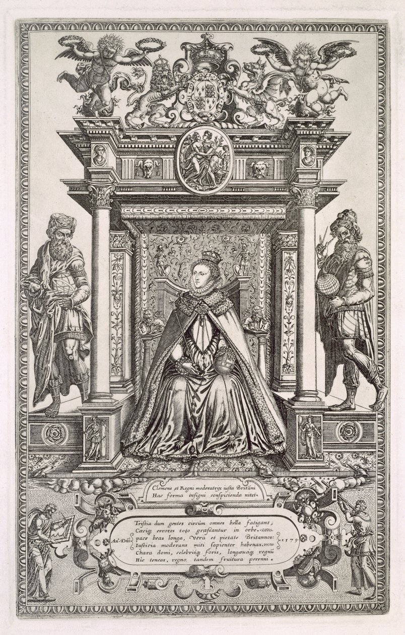 Königin Elizabeth I. (1533-1603) als Schirmherrin der Geographie und Astronomie, Frontispiz zu einem Buch sächsischer Karten von England, 1579 von English School