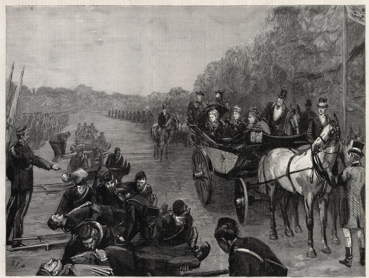 Königin Victoria - Die Inspektion durch Ihre Majestät die Königin des Ambulanzkorps von Colonel Seey im Windsor Park. Illustration für The Graphic von English School