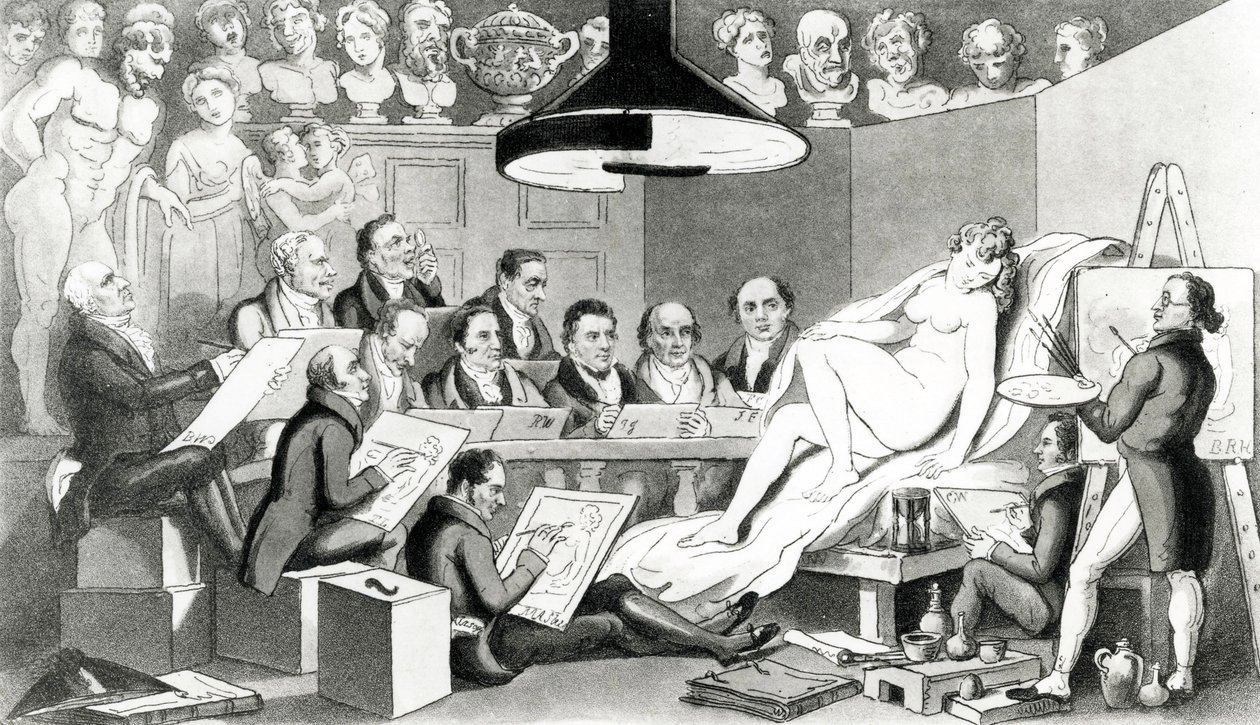Die R.A.s des Genies reflektieren über die wahre Linie der Schönheit an der Life Academy Someset House, veröffentlicht von Sherwood, Jones & Co., 1824 von English School