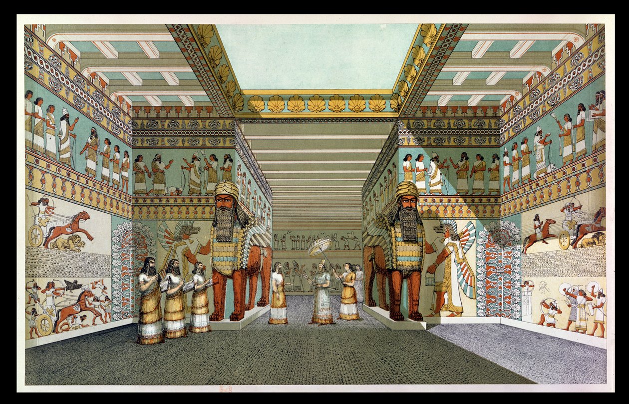 Rekonstruktion der Halle eines assyrischen Palastes, aus Entdeckungen in den Ruinen von Ninive und Babylon von Austen Henry Layard von English School