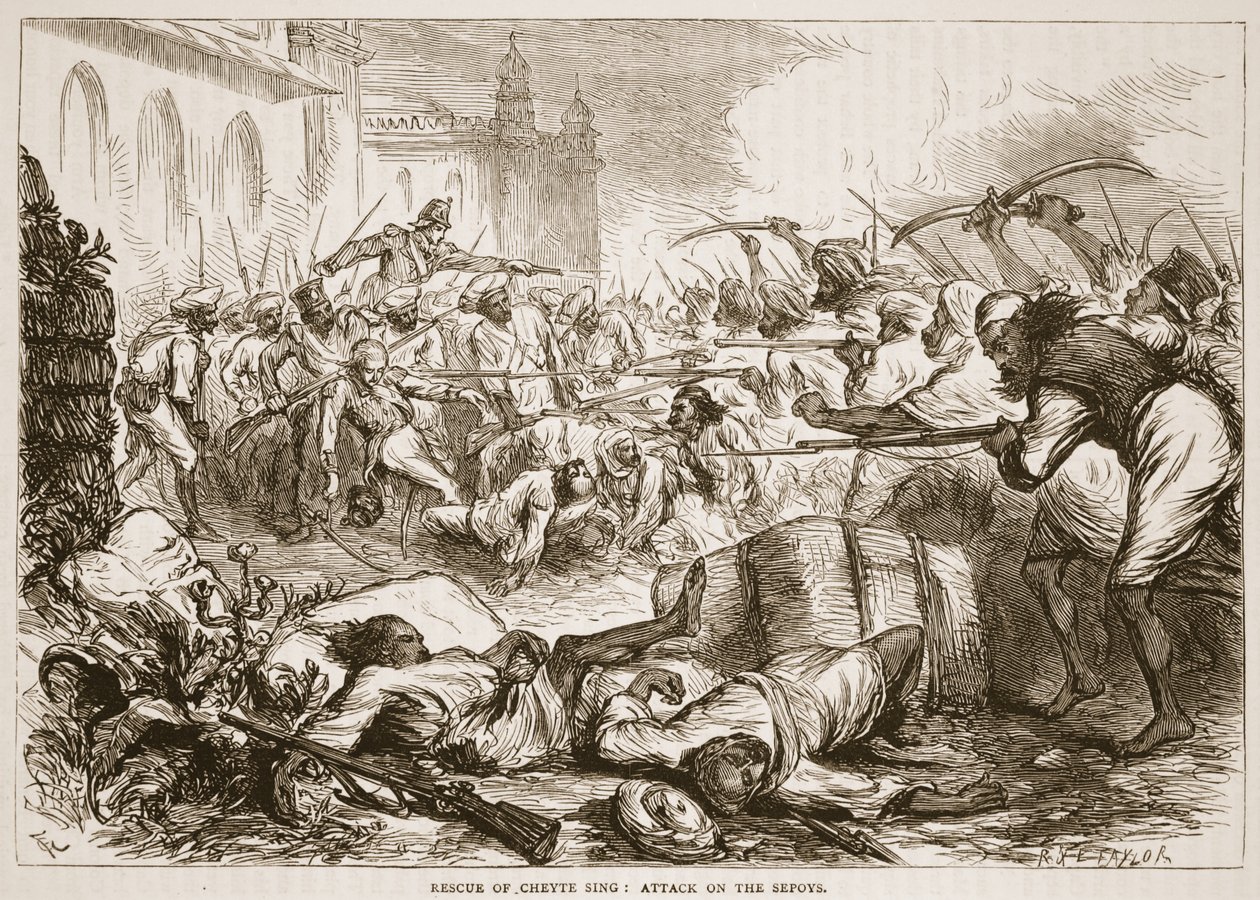 Rettung von Cheyte Sing: Angriff auf die Sepoys, Illustration aus Cassells Illustrierter Geschichte Indiens von James Grant, veröffentlicht 1879 von English School