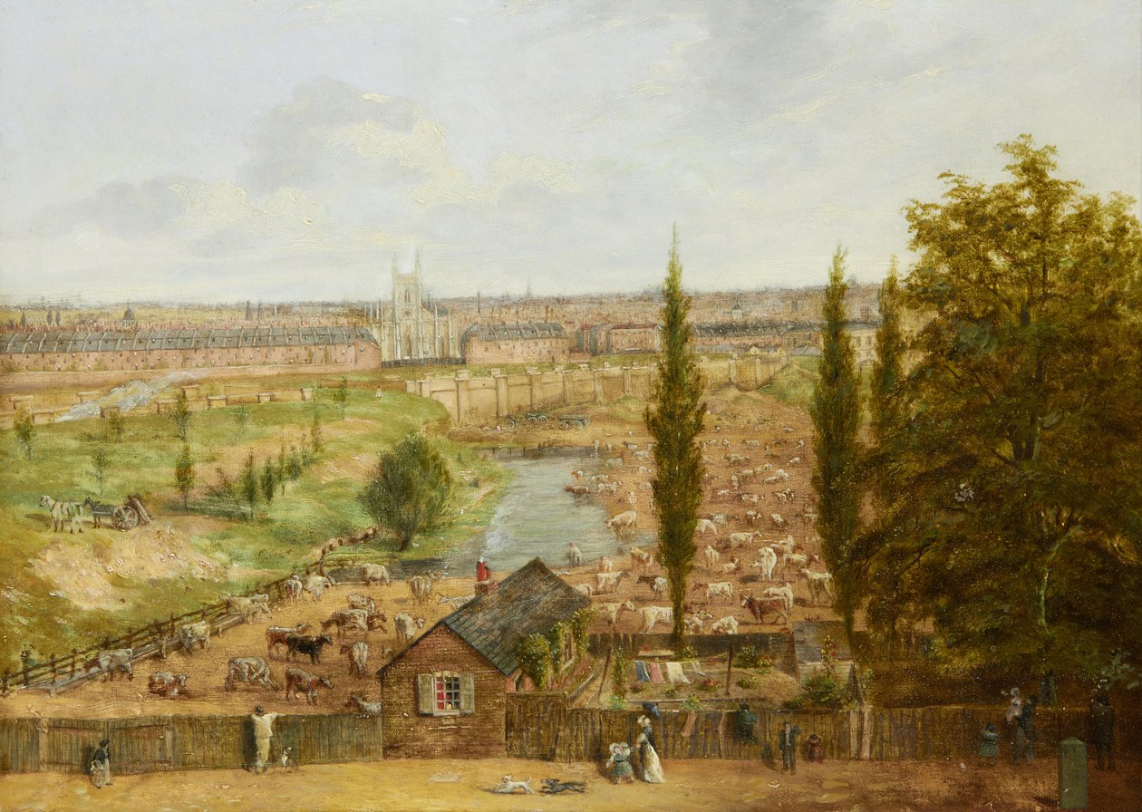Rhobess Farm im Jahr 1844 (heute Ampthill Square in Camden, London); trägt die Inschrift 