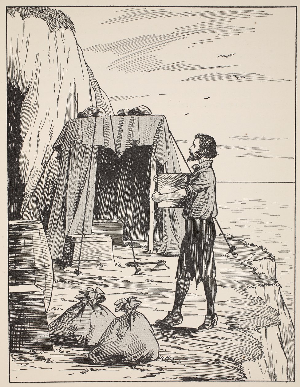 Robinson Crusoe baut seinen Unterschlupf, Illustration aus Die Geschichte von Robinson Crusoe: Eine Adaption für Kinder nach Defoes Sprache, veröffentlicht von Griffith Farran Browne & Co. Limited, London von English School
