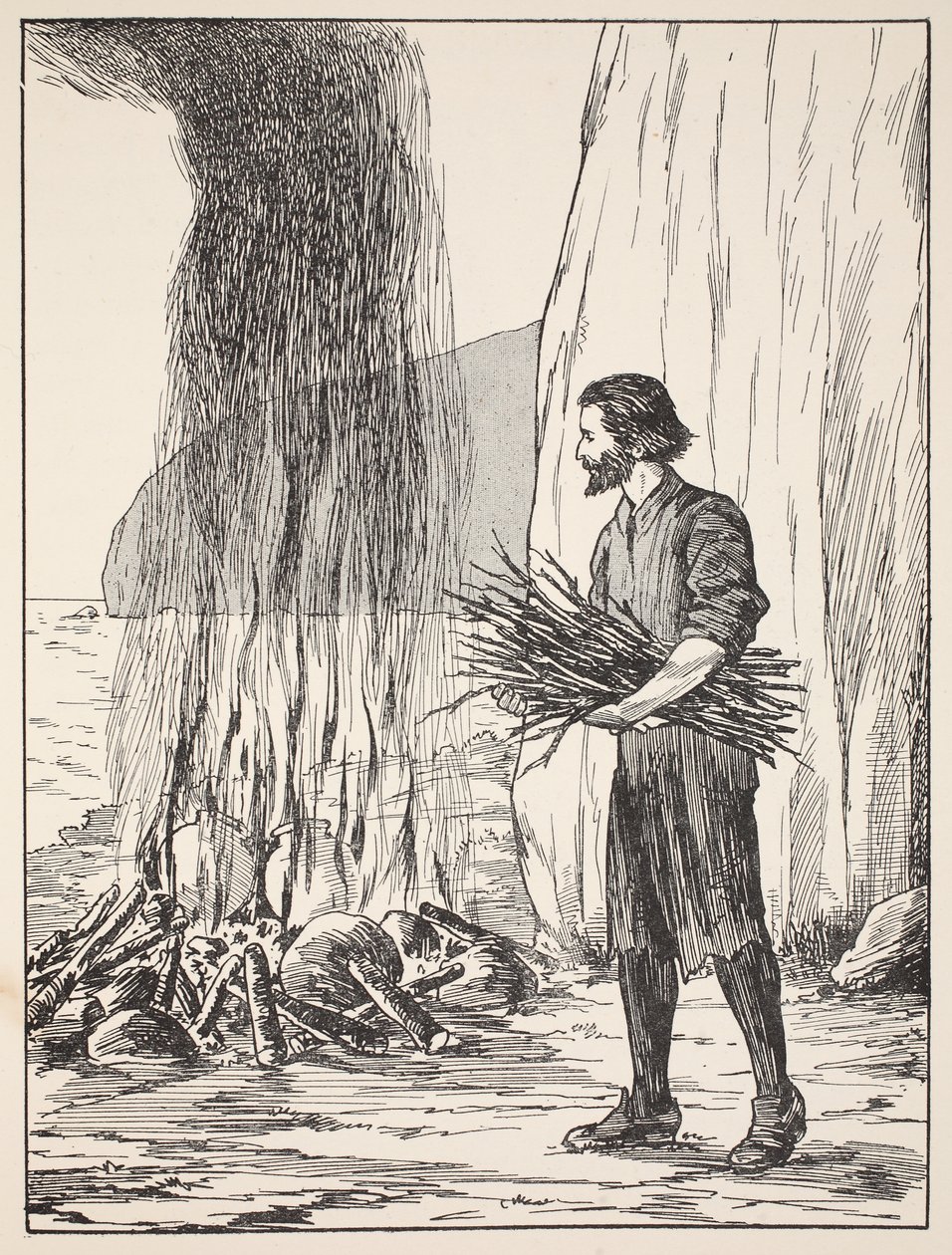 Robinson Crusoe kocht, Illustration aus Die Geschichte von Robinson Crusoe: Eine Adaption für Kinder nach Defoes Sprache, veröffentlicht von Griffith Farran Browne & Co. Limited, London von English School