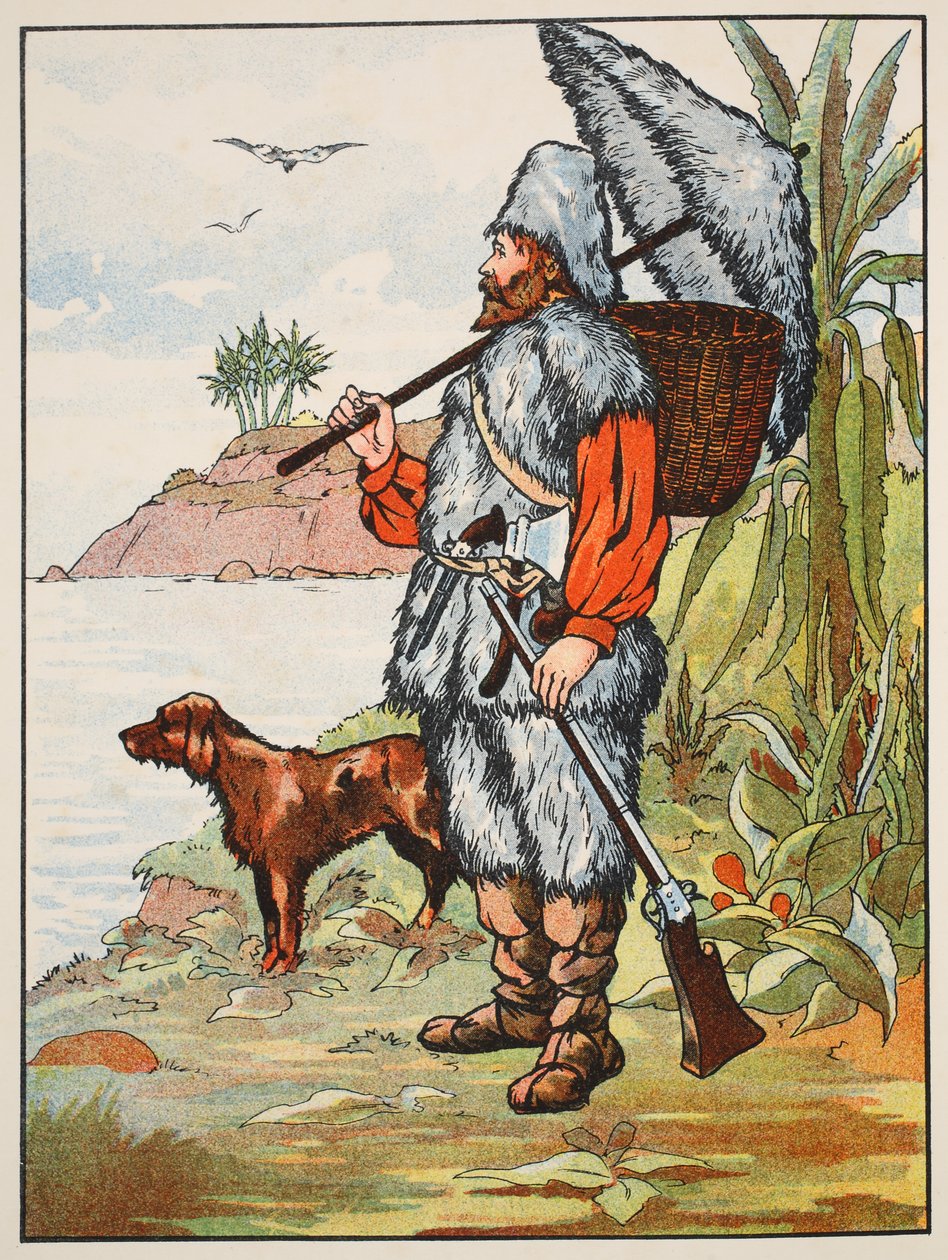 Robinson Crusoe, Illustration aus Die Geschichte von Robinson Crusoe: Eine Adaption für Kinder nach Defoes Sprache, veröffentlicht von Griffith Farran Browne & Co. Limited, London von English School