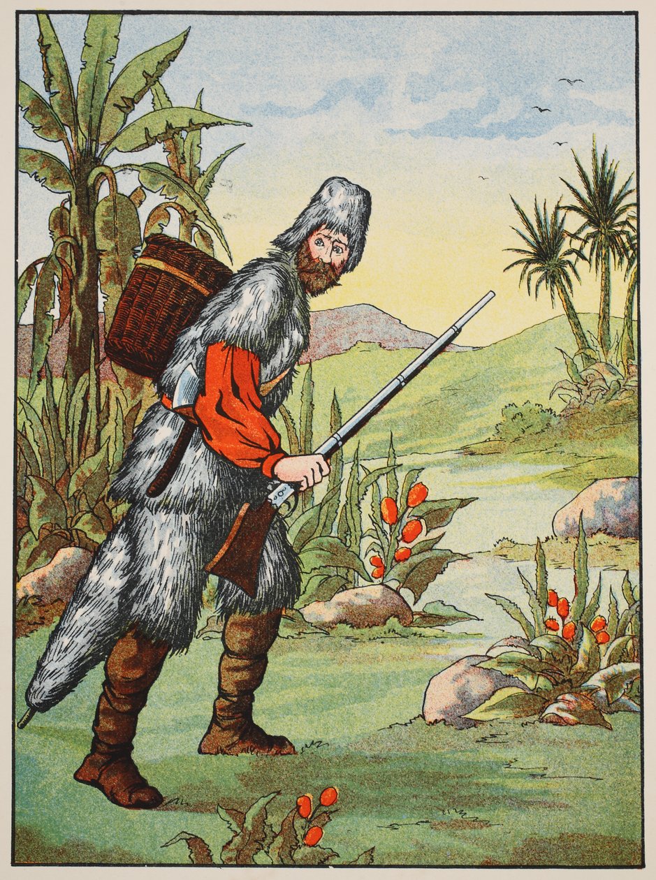 Robinson Crusoe, Illustration aus Die Geschichte von Robinson Crusoe: Eine Adaption für Kinder nach Defoes Sprache, veröffentlicht von Griffith Farran Browne & Co. Limited, London von English School