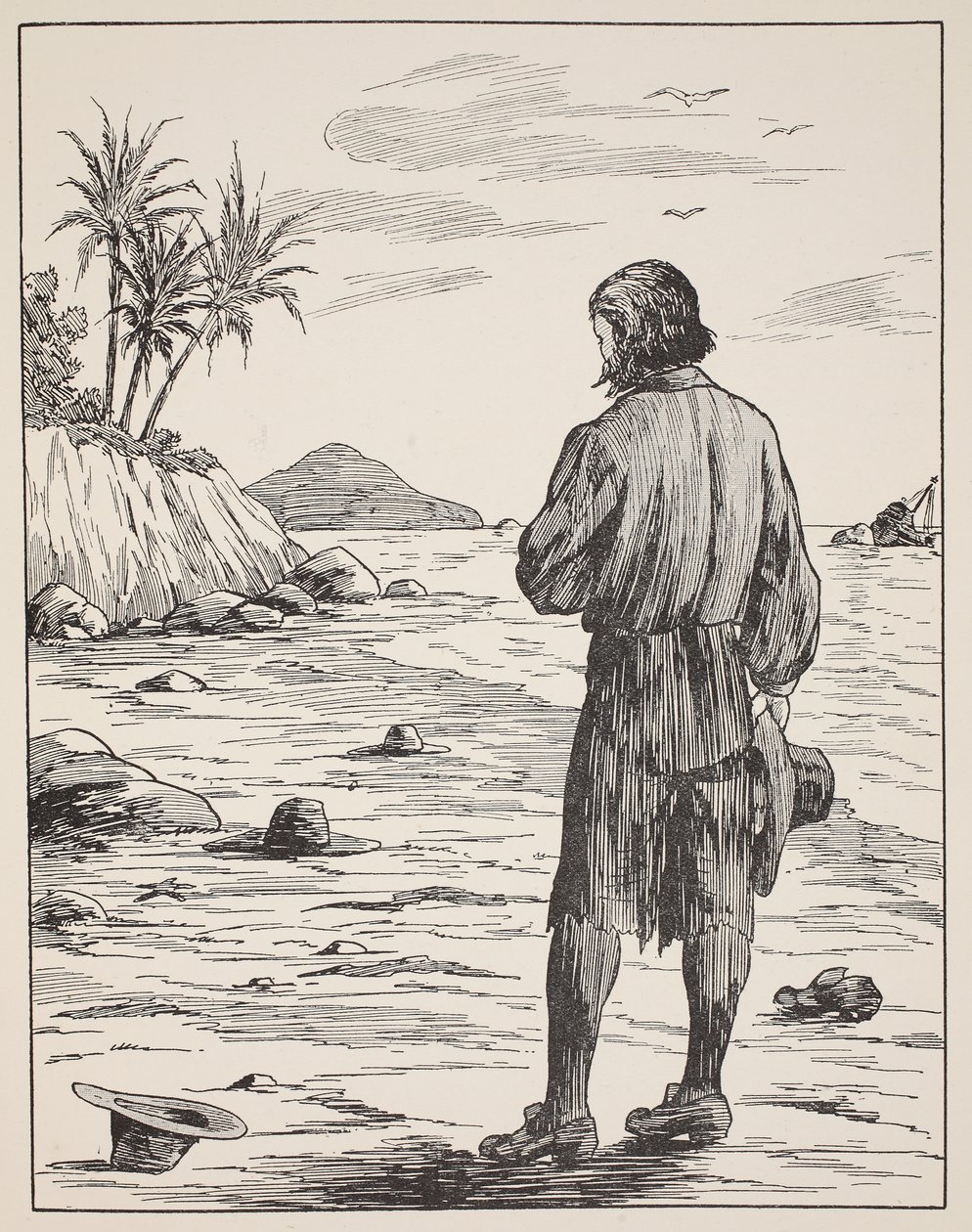 Robinson Crusoe auf seiner Insel, Illustration aus Die Geschichte von Robinson Crusoe: Eine Adaption für Kinder nach Defoes Sprache, veröffentlicht von Griffith Farran Browne & Co. Limited, London von English School