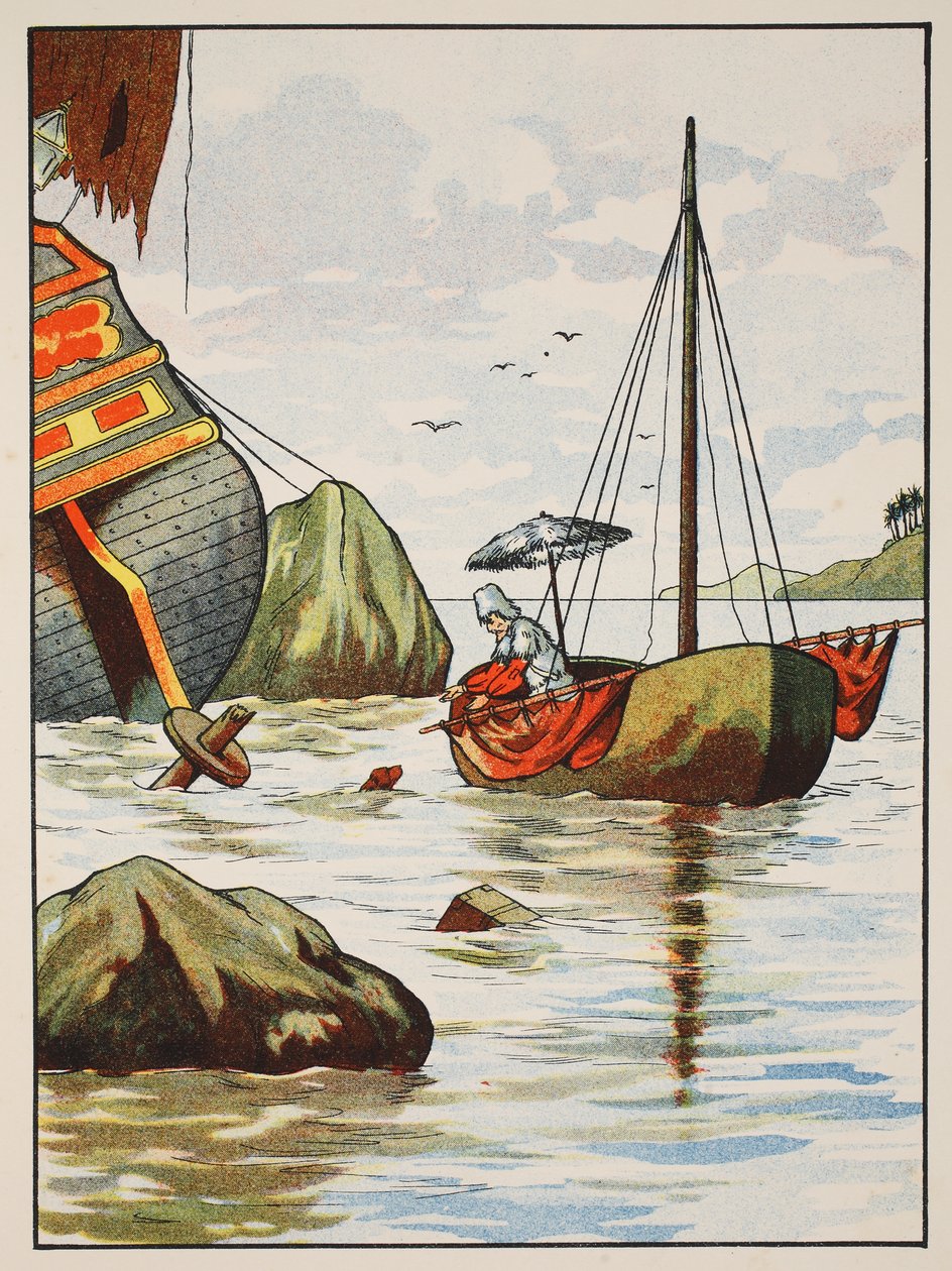 Robinson Crusoe rettet einen Hund aus einem spanischen Schiffswrack, Illustration aus Die Geschichte von Robinson Crusoe: Eine Adaption für Kinder nach Defoes Sprache, veröffentlicht von Griffith Farran Browne & Co. Limited von English School