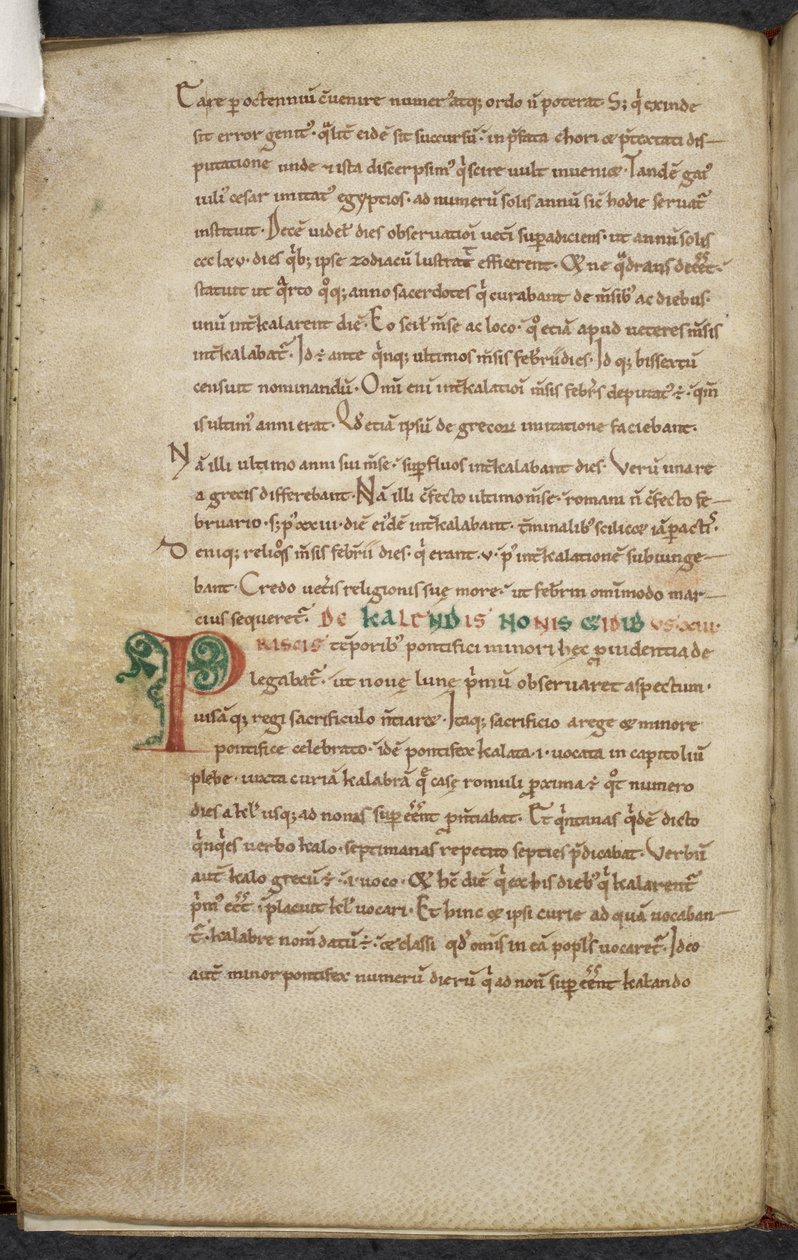Royal 13. A.XI, f.47v Initial P. De temporum ratione. Beda der Ehrwürdige. Sammlung von Werken über Computus und Astronomie. 11. Jahrhundert-12. Jahrhundert von English School
