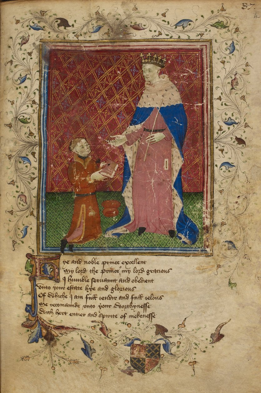 Thomas Hoccleve kniet und überreicht sein Buch König Heinrich V., Illustration aus 