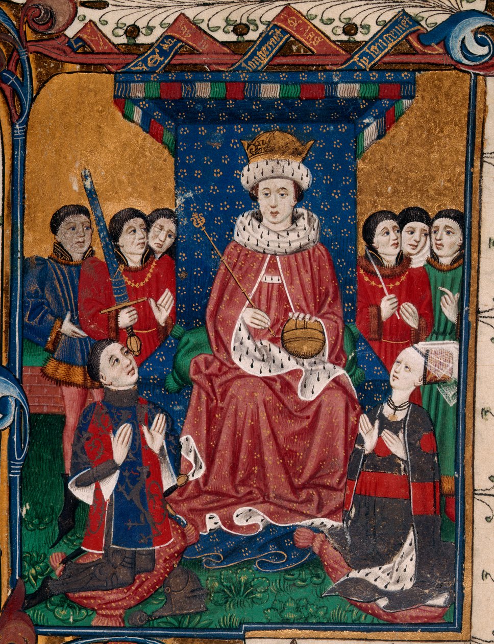 König Edward IV. umgeben von Höflingen mit Sir William Herbert und seiner Frau, Anne Devereux, die Kleidung mit ihren Wappen tragen, vor ihm kniend (Buch 1) von English School