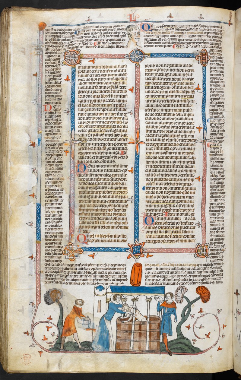 Royal MS 10 IV f.297v Baden eines Pestopfers und Randdekoration, Illustration aus 