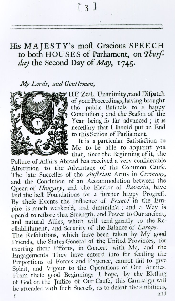 Königliche Rede vor beiden Häusern des Parlaments, 2. Mai 1745 (Druck) von English School