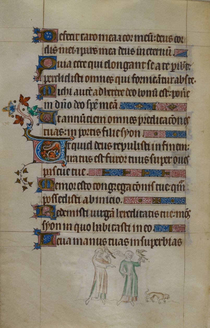 Bas-de-page-Szene von zwei Frauen, die Falken tragen, und einem kleinen Hund vor ihnen, mit einer bewohnten Initiale, Illustration aus dem 