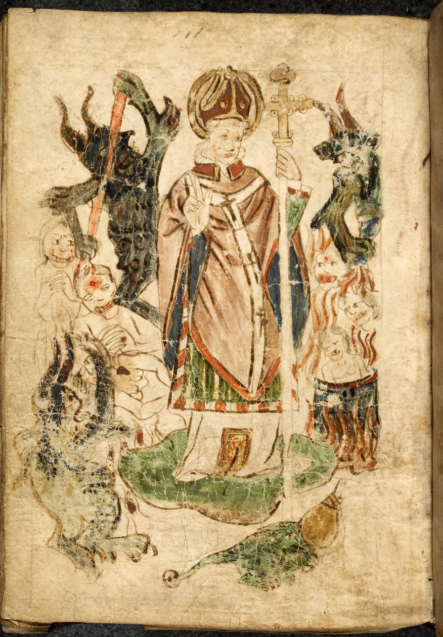 Saint Patrick, im Bischofsgewand, hält ein Kruzifix und macht eine Segensgeste, steht auf der Insel Lough Derg, Donegal (Irland), umgeben von Dämonen und gequälten Seelen. Bild aus ""Purgatorium des Heiligen Patrick"", englisches Manuskript von English School