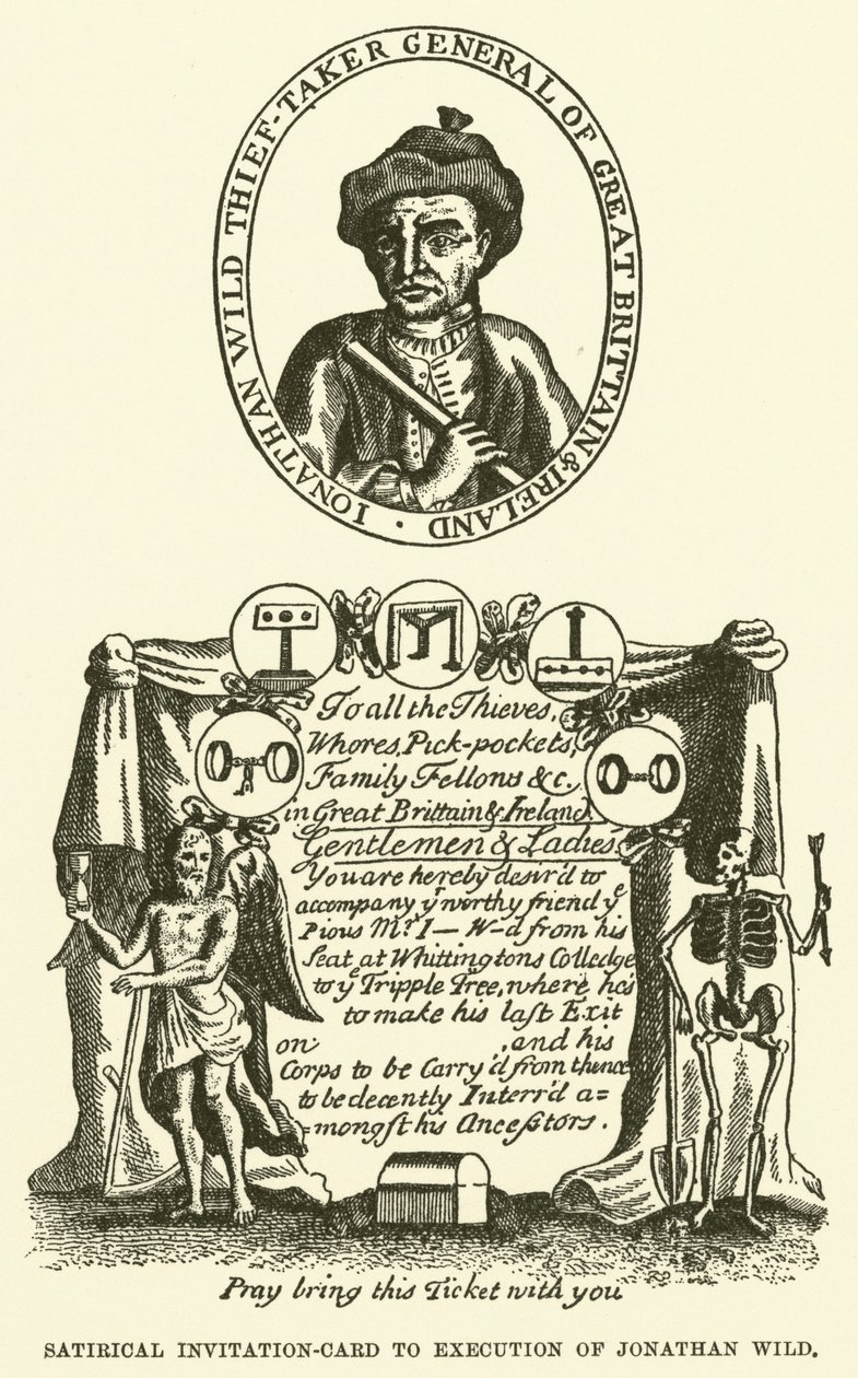 Satirische Einladungskarte zur Hinrichtung von Jonathan Wild (Gravur) von English School