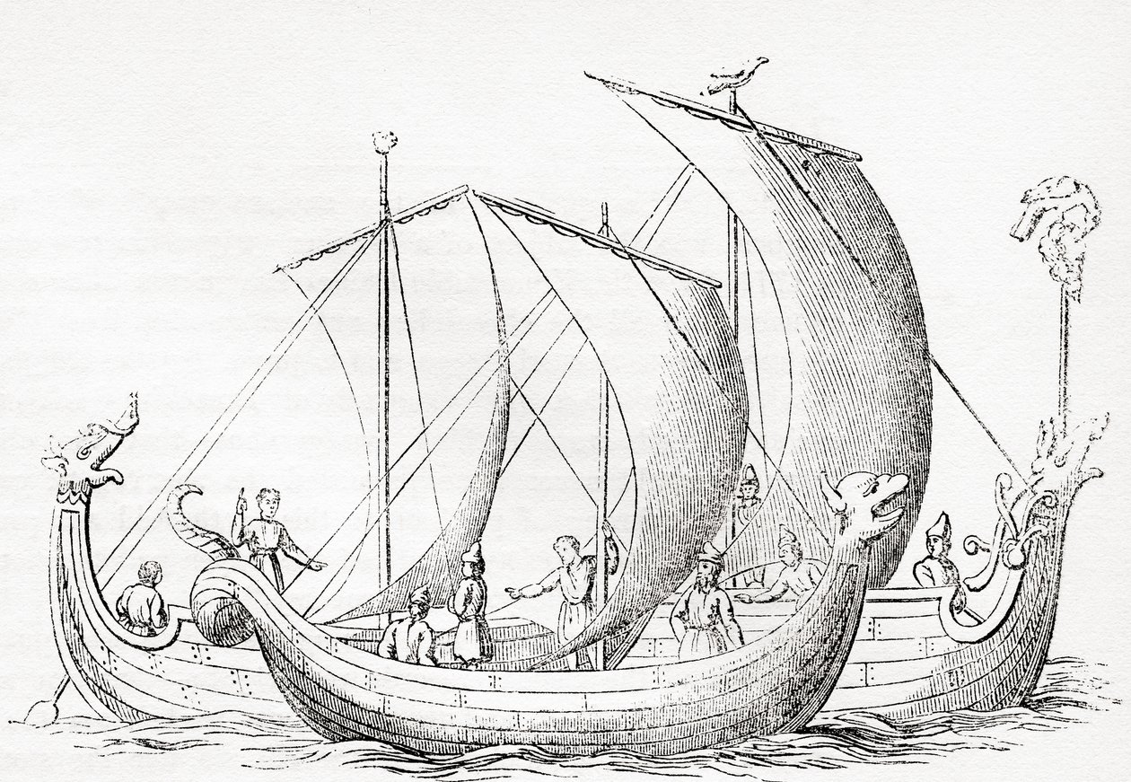 Sächsische Schiffe, nach einer Gravur in Strutts Chronicle of England, aus Old England: A Pictorial Museum, veröffentlicht 1847 von English School