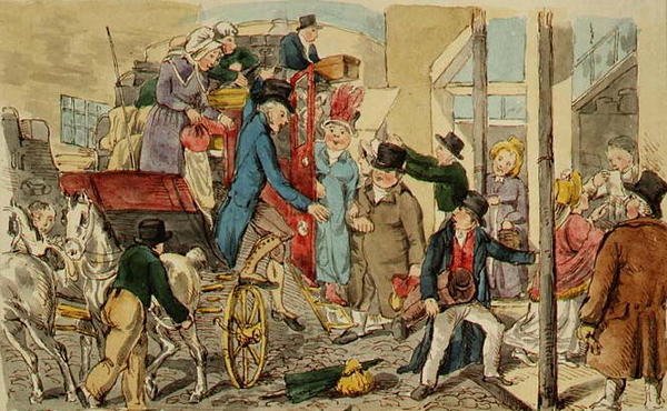 Szene in einem Gasthof, die Ankunft einer Kutsche, ca. 1820 von English School