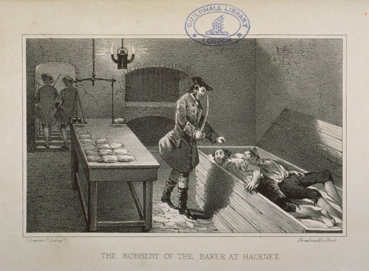 Szene des Überfalls auf einen Hackney-Bäcker, ca. 1730 von English School