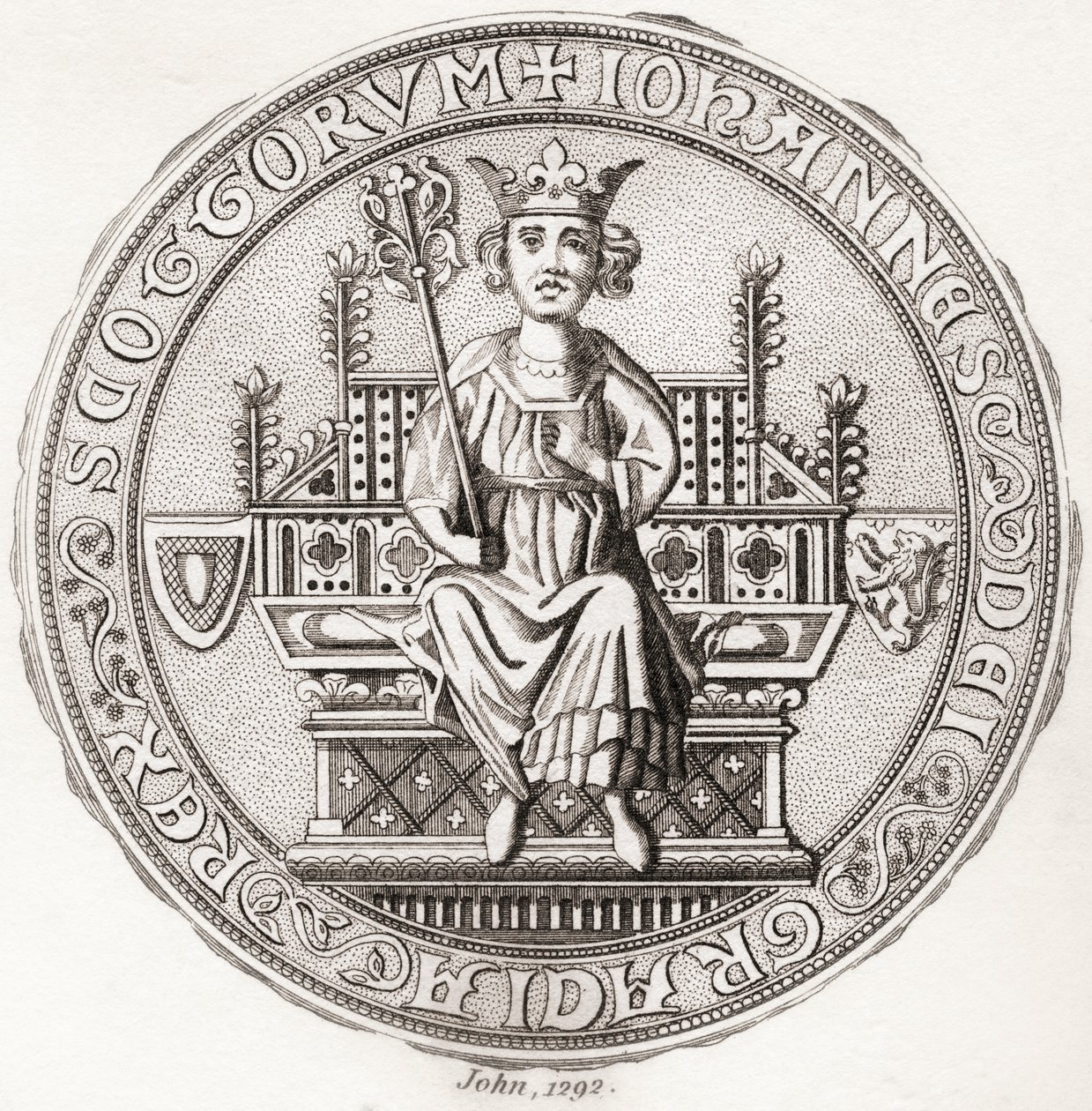 Siegel von John Balliol, ca. 1249–1314, auch bekannt als Toom Tabard, Schottisch für „leerer Mantel“, König der Schotten. Aus Iconographia Scotica oder Porträts berühmter Personen Schottlands, veröffentlicht 1797. von English School