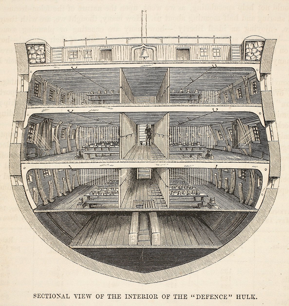 Querschnitt des Inneren der Defence-Hulk, Illustration aus The Criminal Prisons of London and Scenes from Prison Life von Henry Mayhew und John Binny, veröffentlicht 1862 von English School
