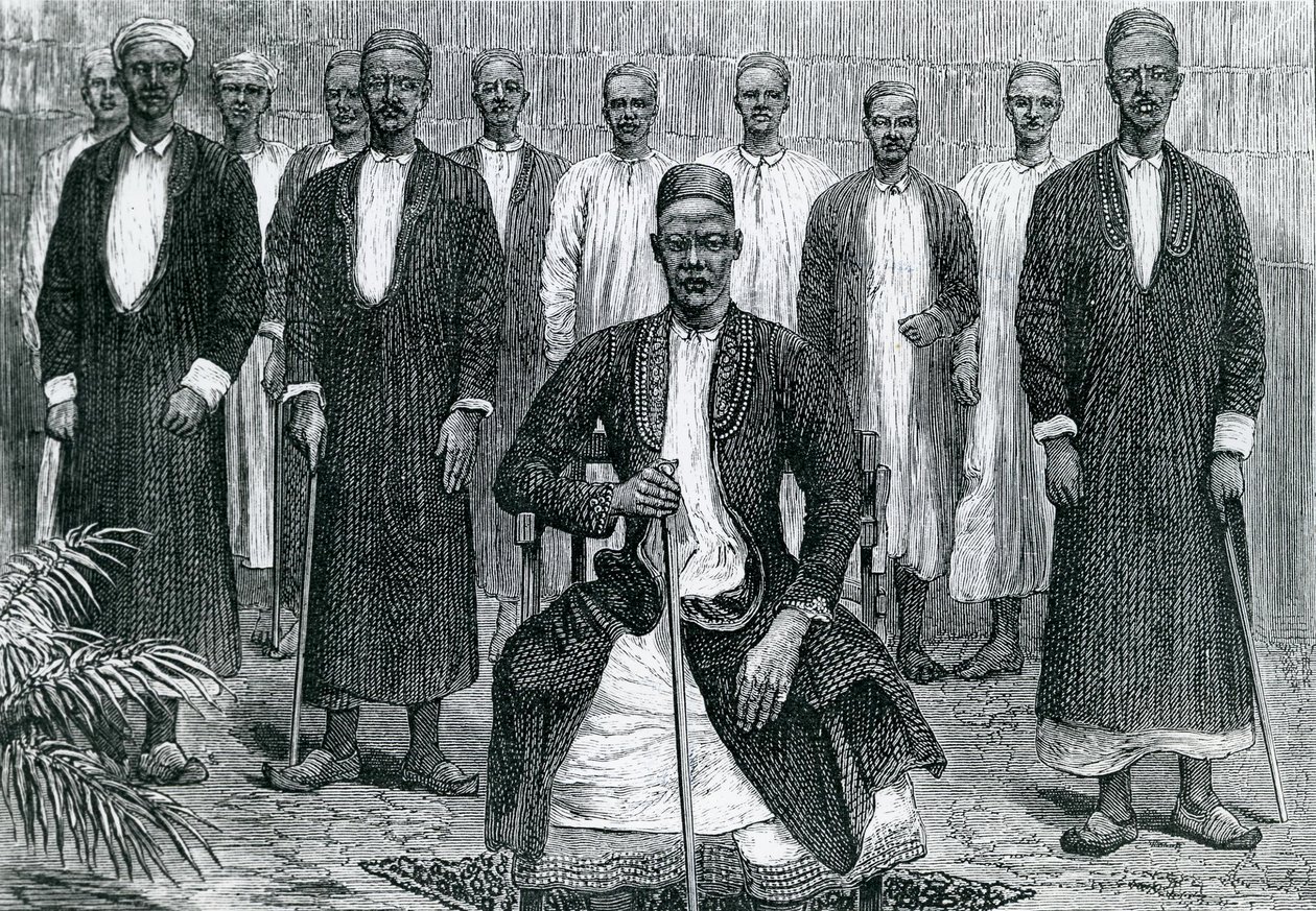 Sekebobo, Häuptling von Chagwe, Mtesa, Häuptling von Uganda, Chambarango und Pokino, der Premierminister (Gravur) von English School