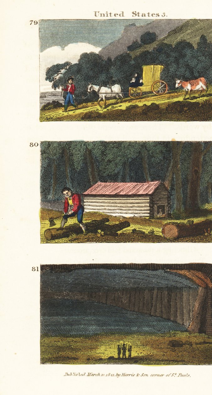 Siedler in einem Wagen auf dem Weg in die westlichen Staaten, Siedler bauen eine Blockhütte und Blick auf die Mammuthöhle in Kentucky von English School