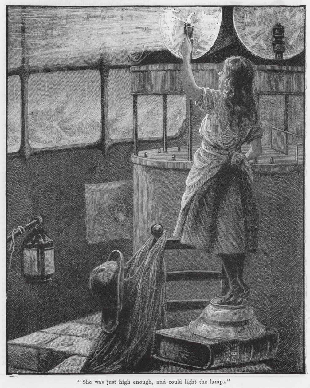 "Sie war gerade hoch genug und konnte die Lampen anzünden" (Gravur) von English School