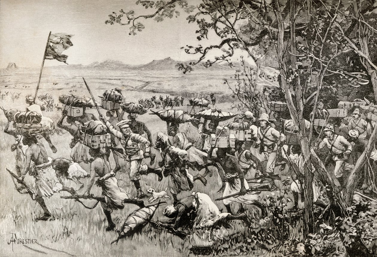 Sir Henry Morton Stanley und seine Männer tauchen 1887 während ihrer Emin-Pascha-Entlastungsexpedition in Afrika endlich aus dem Wald auf die Graslandschaft auf von English School