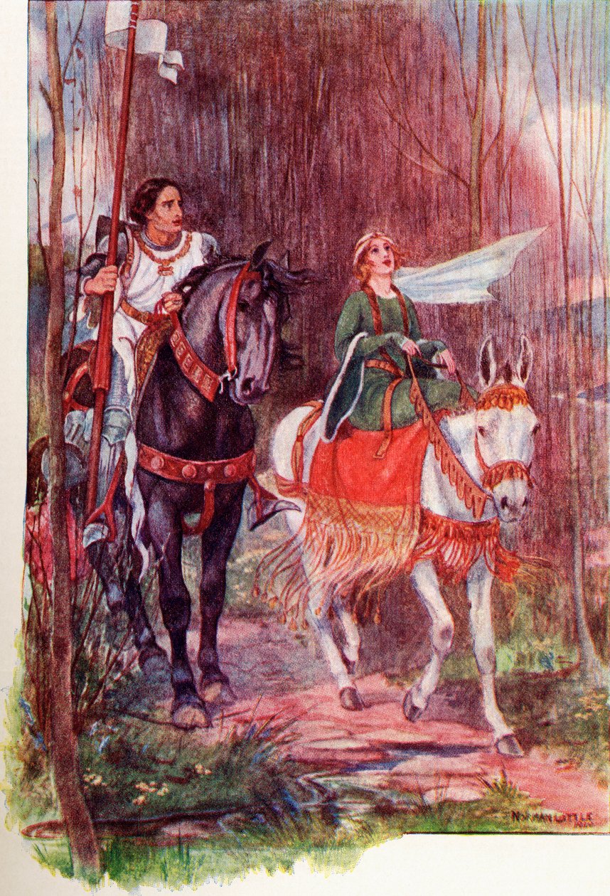 Sir Lancelot und Königin Guinevere. Farbige Illustration aus dem Buch The Gateway to Tennyson, veröffentlicht 1910 von English School