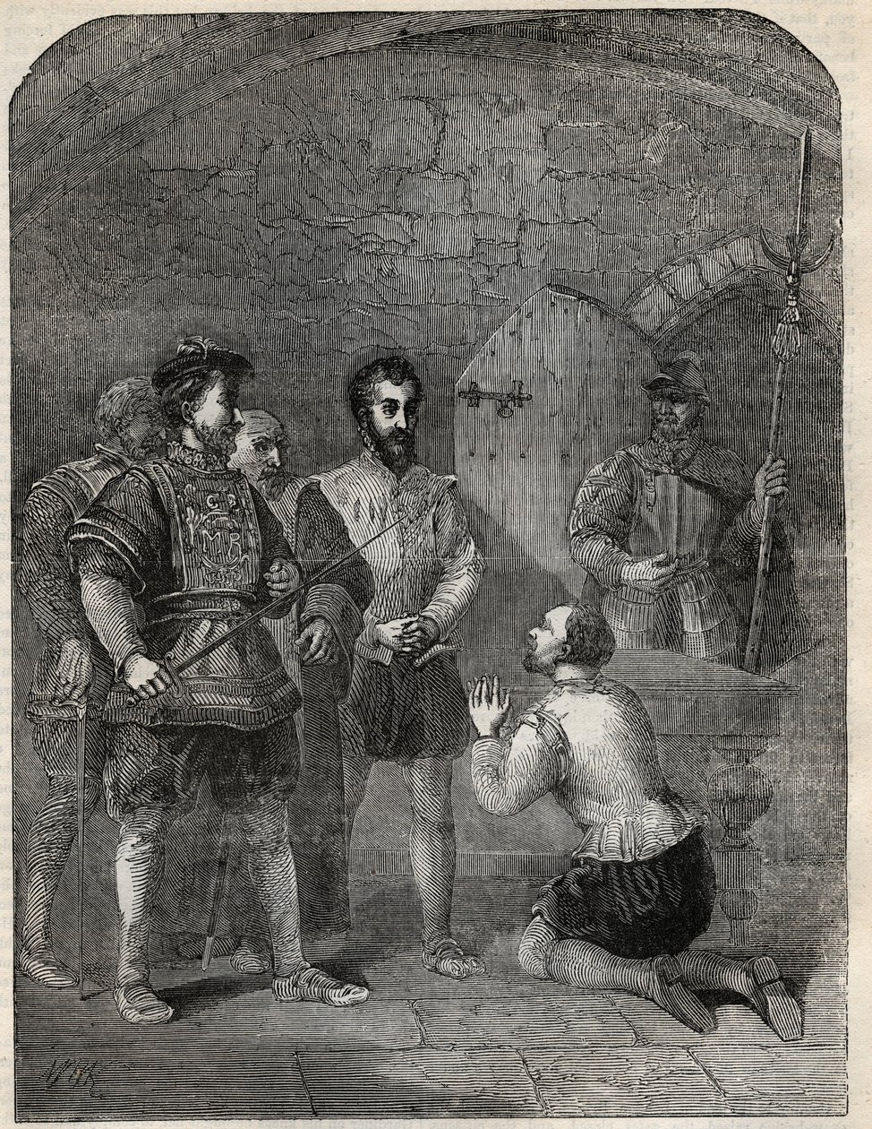 Sir Thomas Wyatt der Jüngere (1521-1554) auf dem Weg zur Hinrichtung, feierlich die Prinzessin Elizabeth und Courtenay von der Teilnahme an seiner Rebellion freisprechend - 1554 - Gravur aus „History of England“ von Cassell Petter & Galpin von English School