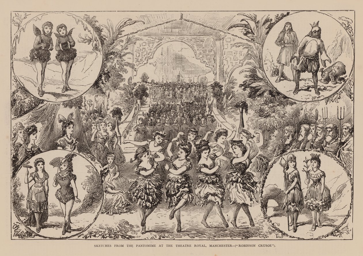 Skizzen aus der Pantomime am Theatre Royal, Manchester, Robinson Crusoe von English School