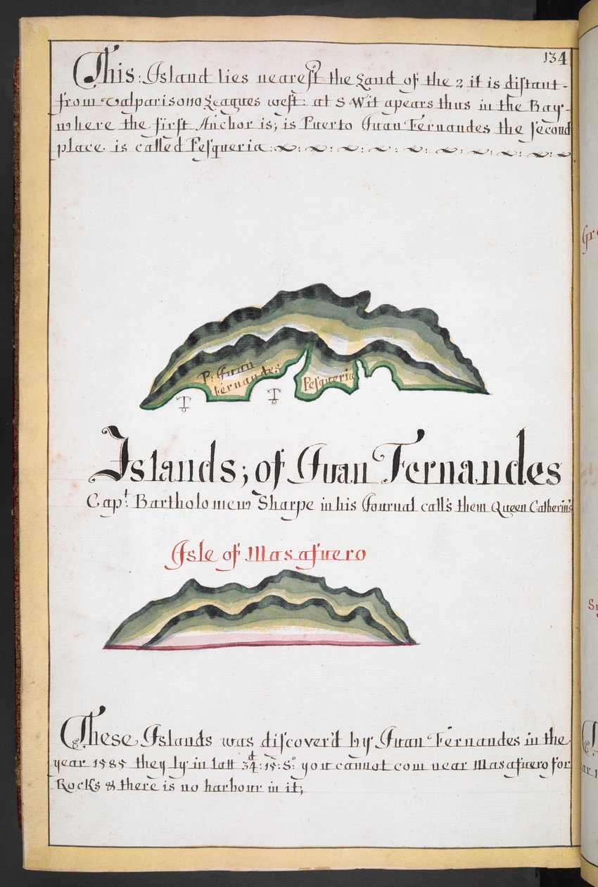 Sloane MS 44, f.269v, Karte von Juan Fernández in William Hacks South Sea Waggoner von English School